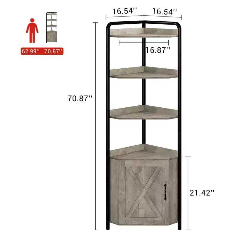 Étagère d'angle haute de 70,9 po avec armoire, meuble de rangement rustique, bibliothèque industrielle, support à plantes pour salon