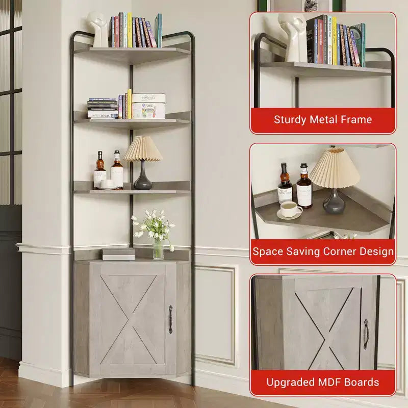 Étagère d'angle haute de 70,9 po avec armoire, meuble de rangement rustique, bibliothèque industrielle, support à plantes pour salon