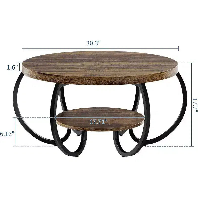 Acekool Table Basse de Ferme Ronde 76 cm avec Étagère de Rangement, Table en Bois Rustique à 2 Niveaux avec Pieds en Métal Courbés pour Petits Espaces, Marron
