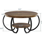 Acekool Table Basse de Ferme Ronde 76 cm avec Étagère de Rangement, Table en Bois Rustique à 2 Niveaux avec Pieds en Métal Courbés pour Petits Espaces, Marron
