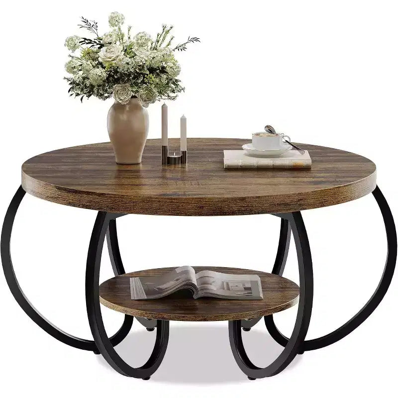 Acekool Table Basse de Ferme Ronde 76 cm avec Étagère de Rangement, Table en Bois Rustique à 2 Niveaux avec Pieds en Métal Courbés pour Petits Espaces, Marron