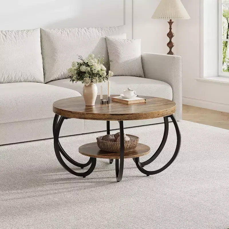 Acekool Table Basse de Ferme Ronde 76 cm avec Étagère de Rangement, Table en Bois Rustique à 2 Niveaux avec Pieds en Métal Courbés pour Petits Espaces, Marron