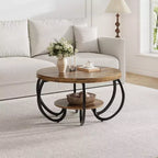 Acekool Table Basse de Ferme Ronde 76 cm avec Étagère de Rangement, Table en Bois Rustique à 2 Niveaux avec Pieds en Métal Courbés pour Petits Espaces, Marron