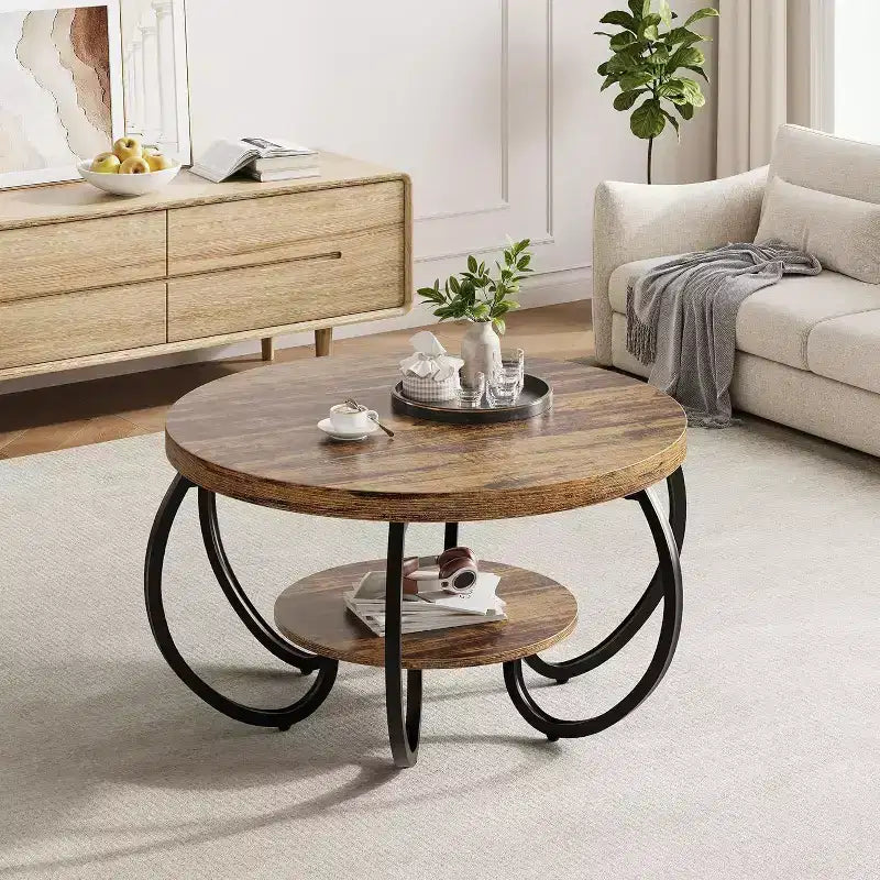 Acekool Table Basse de Ferme Ronde 76 cm avec Étagère de Rangement, Table en Bois Rustique à 2 Niveaux avec Pieds en Métal Courbés pour Petits Espaces, Marron
