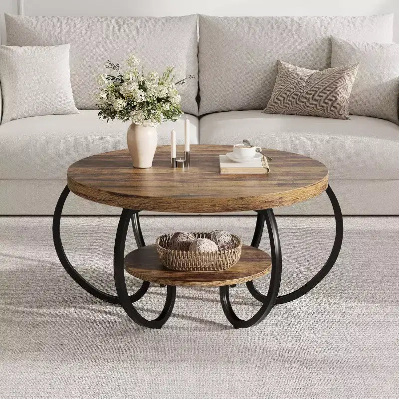 Acekool Table Basse de Ferme Ronde 76 cm avec Étagère de Rangement, Table en Bois Rustique à 2 Niveaux avec Pieds en Métal Courbés pour Petits Espaces, Marron