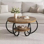 Acekool Table Basse de Ferme Ronde 76 cm avec Étagère de Rangement, Table en Bois Rustique à 2 Niveaux avec Pieds en Métal Courbés pour Petits Espaces, Marron