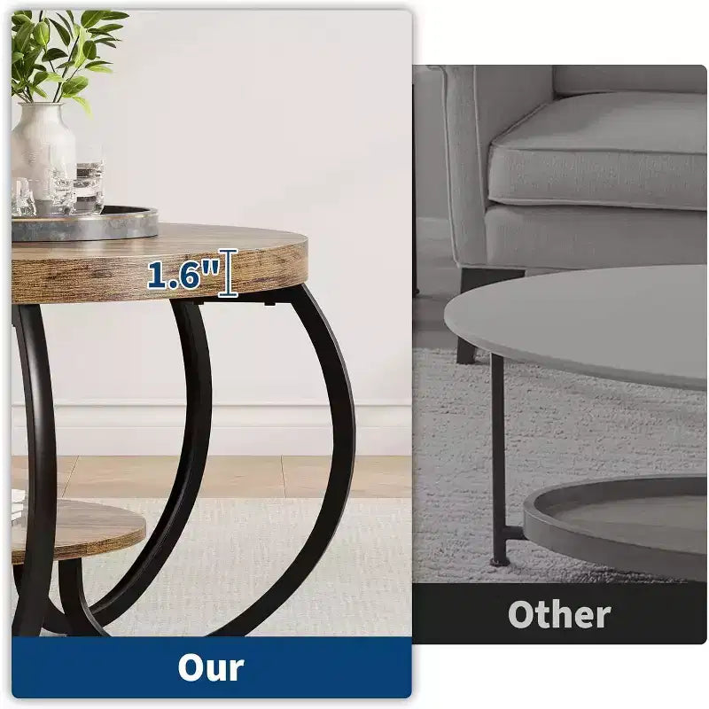 Acekool Table Basse de Ferme Ronde 76 cm avec Étagère de Rangement, Table en Bois Rustique à 2 Niveaux avec Pieds en Métal Courbés pour Petits Espaces, Marron