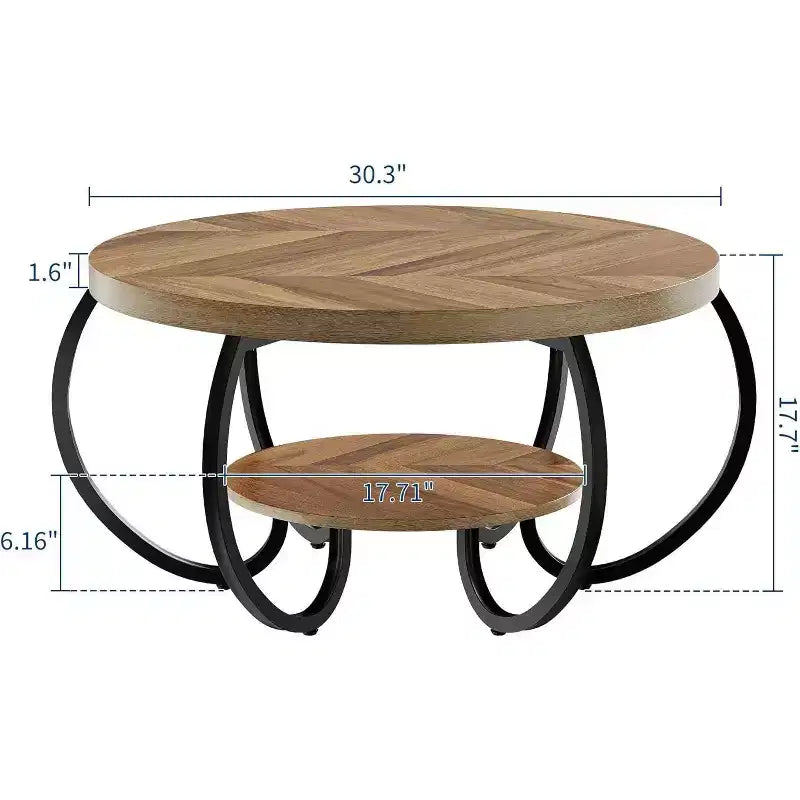 Acekool Table Basse de Ferme Ronde 76 cm avec Étagère de Rangement, Table en Bois Rustique à 2 Niveaux avec Pieds en Métal Courbés pour Petits Espaces, Marron