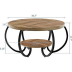 Acekool Table Basse de Ferme Ronde 76 cm avec Étagère de Rangement, Table en Bois Rustique à 2 Niveaux avec Pieds en Métal Courbés pour Petits Espaces, Marron