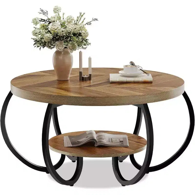 Acekool Table Basse de Ferme Ronde 76 cm avec Étagère de Rangement, Table en Bois Rustique à 2 Niveaux avec Pieds en Métal Courbés pour Petits Espaces, Marron