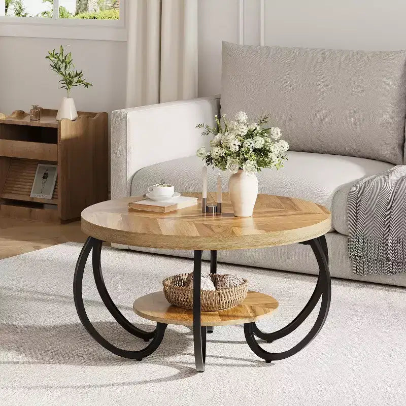 Acekool Table Basse de Ferme Ronde 76 cm avec Étagère de Rangement, Table en Bois Rustique à 2 Niveaux avec Pieds en Métal Courbés pour Petits Espaces, Marron