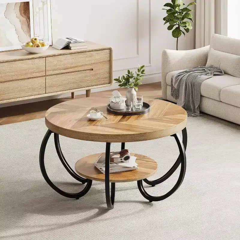 Acekool Table Basse de Ferme Ronde 76 cm avec Étagère de Rangement, Table en Bois Rustique à 2 Niveaux avec Pieds en Métal Courbés pour Petits Espaces, Marron