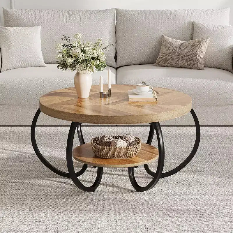 Acekool Table Basse de Ferme Ronde 76 cm avec Étagère de Rangement, Table en Bois Rustique à 2 Niveaux avec Pieds en Métal Courbés pour Petits Espaces, Marron
