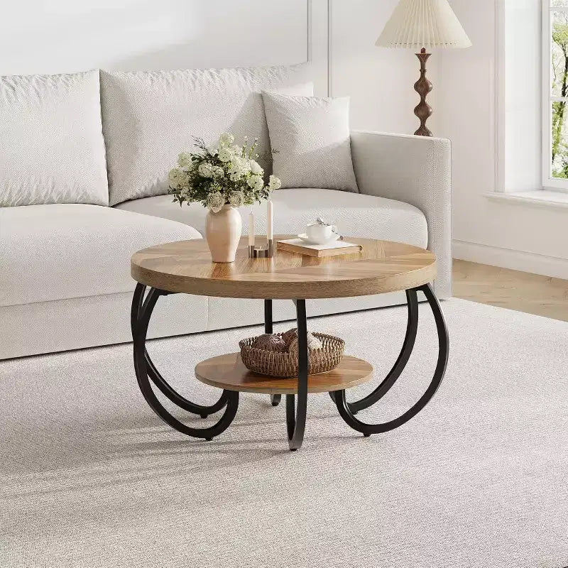 Acekool 30 Round Farmhouse Coffee Table with Storage Shelf, 2-Tier Rustic Wood Table with Curved Metal Legs for Small Spaces, Brown