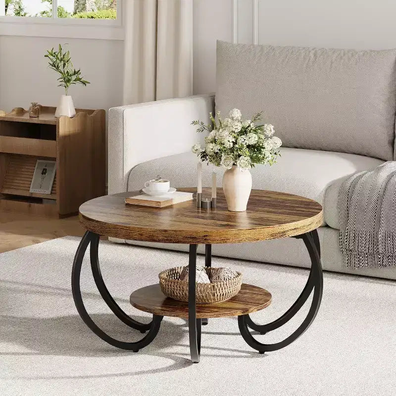 Acekool Table Basse de Ferme Ronde 76 cm avec Étagère de Rangement, Table en Bois Rustique à 2 Niveaux avec Pieds en Métal Courbés pour Petits Espaces, Marron