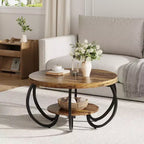 Acekool Table Basse de Ferme Ronde 76 cm avec Étagère de Rangement, Table en Bois Rustique à 2 Niveaux avec Pieds en Métal Courbés pour Petits Espaces, Marron