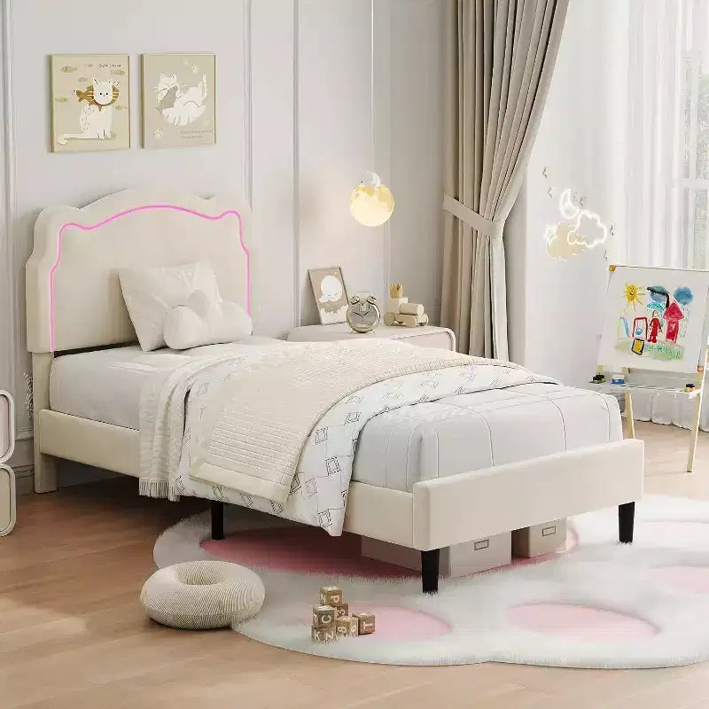 Cadre de lit double en velours en forme d'ours Acekool avec éclairage RVB, tête de lit réglable, pas de sommier tapissier, plateforme pour enfants