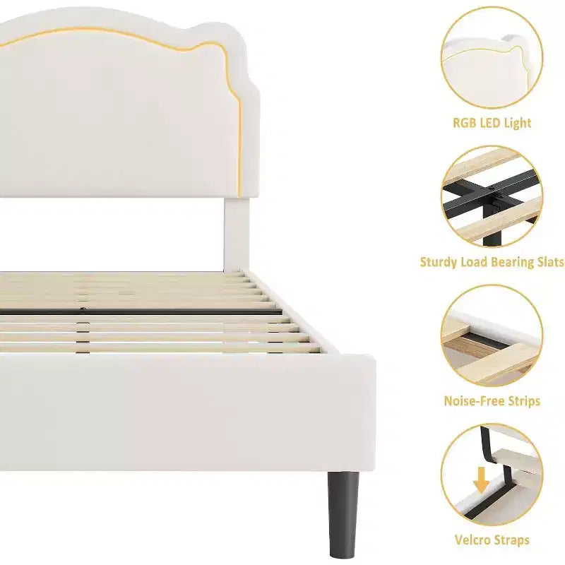 Cadre de lit double en velours en forme d'ours Acekool avec éclairage RVB, tête de lit réglable, pas de sommier tapissier, plateforme pour enfants