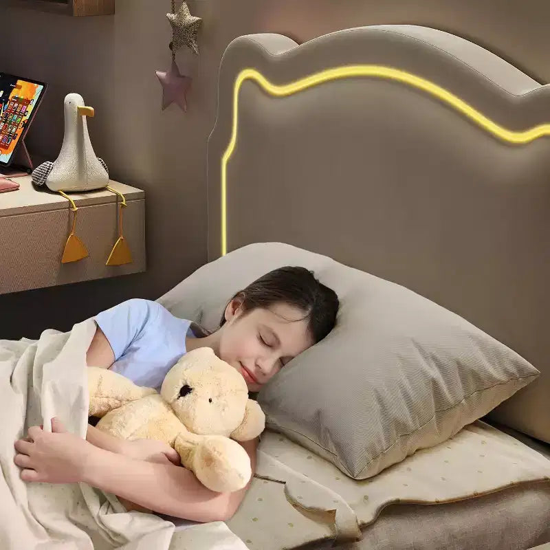 Cadre de lit double en velours en forme d'ours Acekool avec éclairage RVB, tête de lit réglable, pas de sommier tapissier, plateforme pour enfants