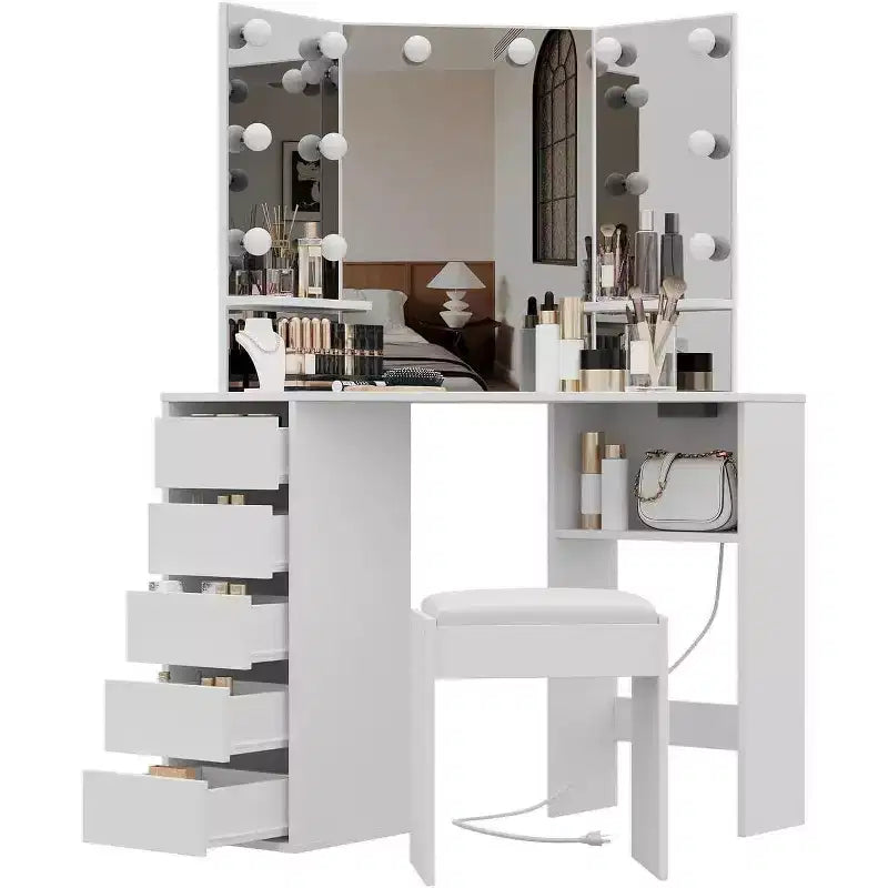 Acekool Coiffeuse d'angle avec miroir et lumières LED réglables 3 couleurs, Table de maquillage avec prise de courant, Tabouret et tiroirs de rangement spacieux