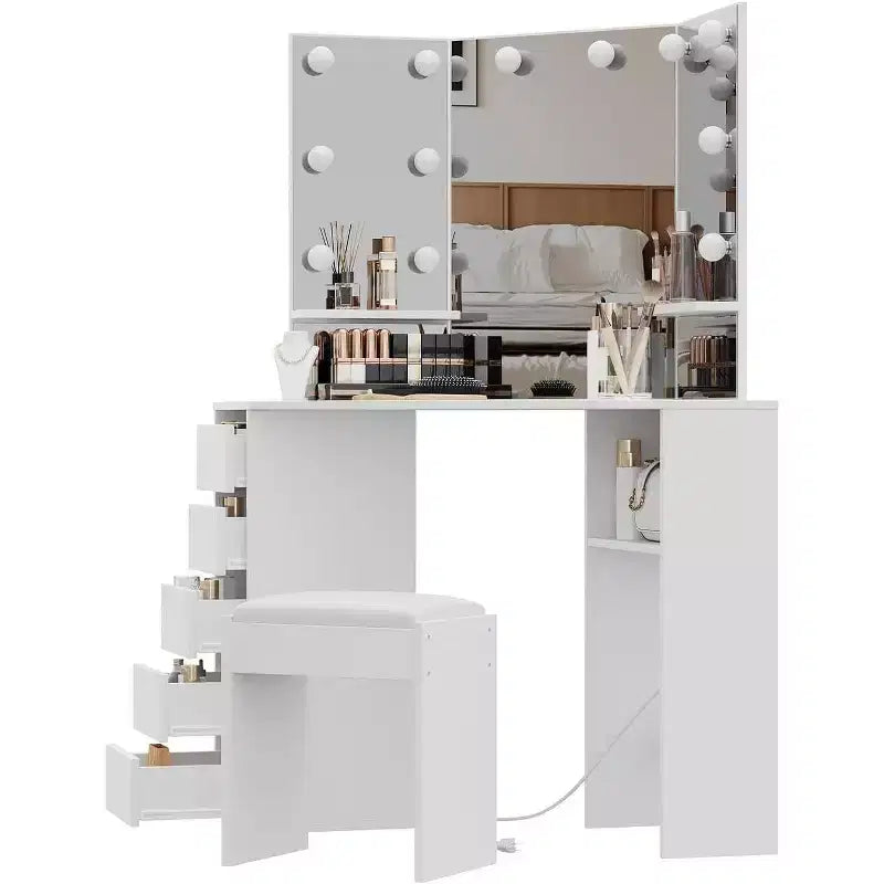 Acekool Coiffeuse d'angle avec miroir et lumières LED réglables 3 couleurs, Table de maquillage avec prise de courant, Tabouret et tiroirs de rangement spacieux