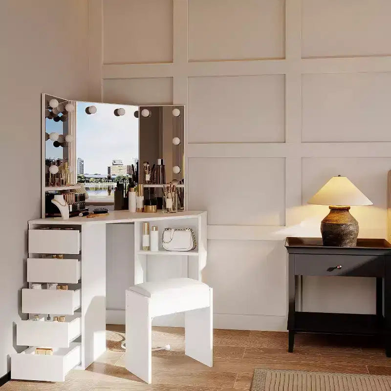 Acekool Coiffeuse d'angle avec miroir et lumières LED réglables 3 couleurs, Table de maquillage avec prise de courant, Tabouret et tiroirs de rangement spacieux