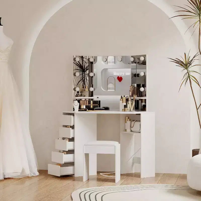 Acekool Coiffeuse d'angle avec miroir et lumières LED réglables 3 couleurs, Table de maquillage avec prise de courant, Tabouret et tiroirs de rangement spacieux