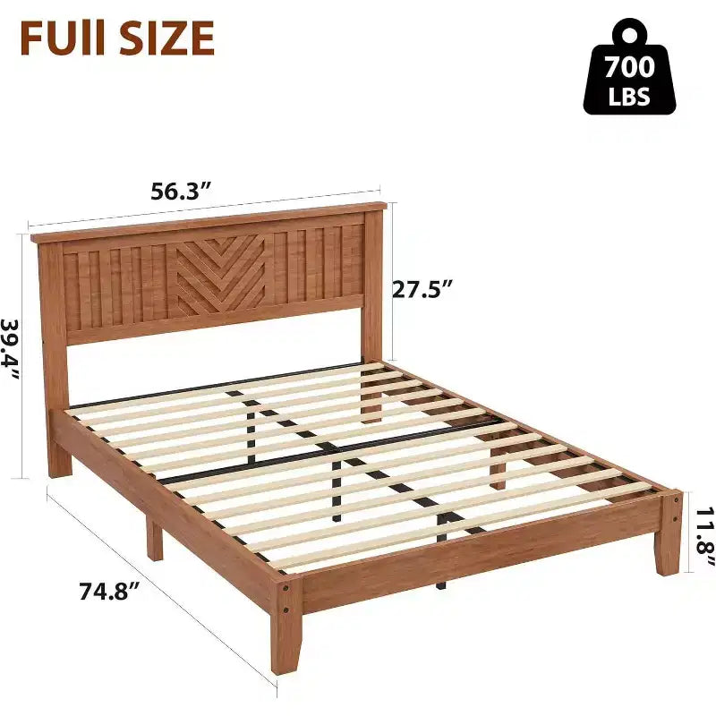 Cadre de lit plateforme Acekool double en bois avec tête de lit, sommier, lattes de support, rangement sous le lit, montage facile, marron clair