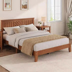 Cadre de lit plateforme Acekool double en bois avec tête de lit, sommier, lattes de support, rangement sous le lit, montage facile, marron clair