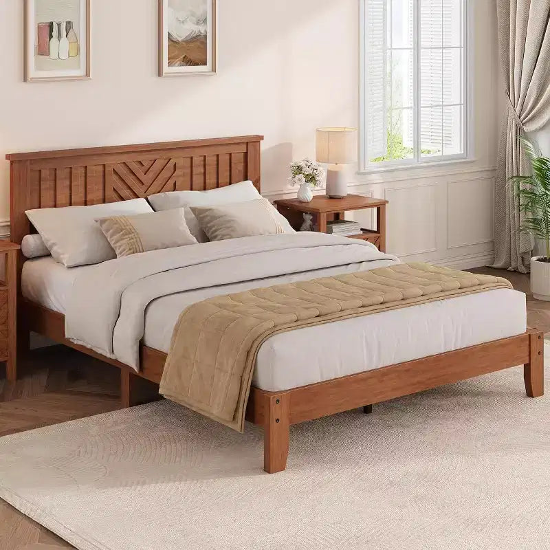 Cadre de lit plateforme Acekool double en bois avec tête de lit, sommier, lattes de support, rangement sous le lit, montage facile, marron clair