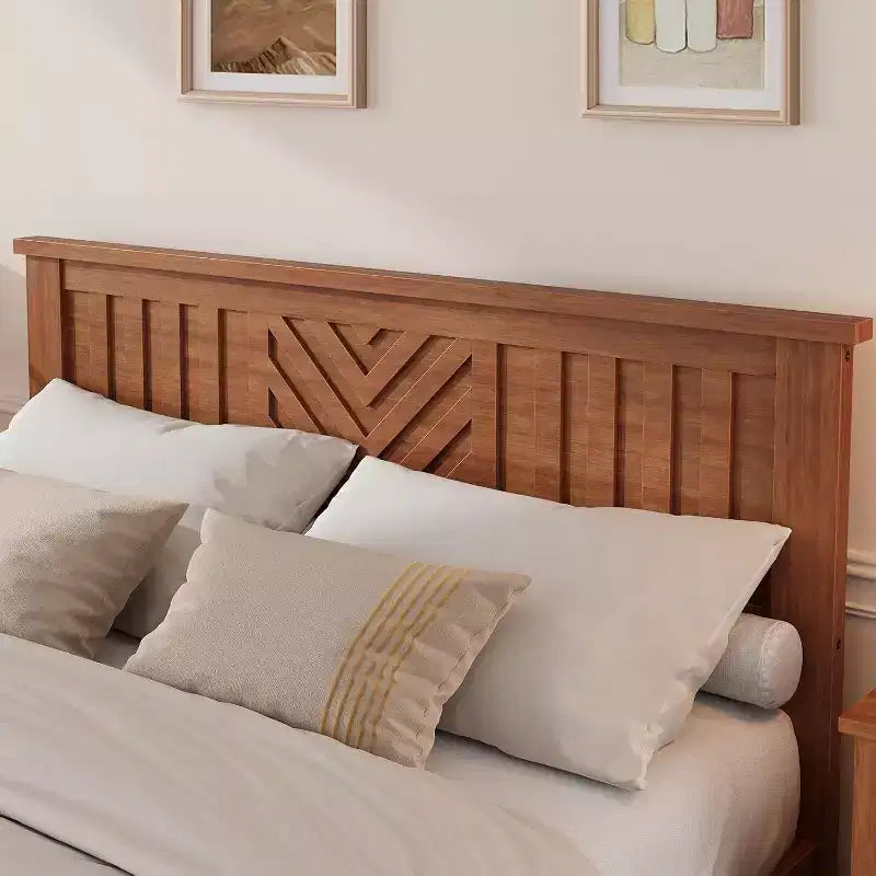 Cadre de lit plateforme Acekool double en bois avec tête de lit, sommier, lattes de support, rangement sous le lit, montage facile, marron clair