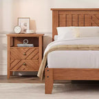 Cadre de lit plateforme Acekool double en bois avec tête de lit, sommier, lattes de support, rangement sous le lit, montage facile, marron clair
