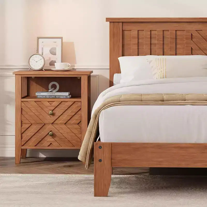 Cadre de lit plateforme Acekool double en bois avec tête de lit, sommier, lattes de support, rangement sous le lit, montage facile, marron clair