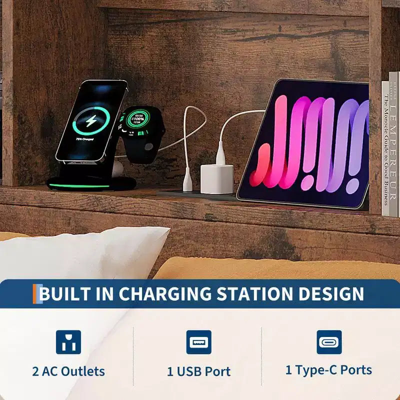 Lit Coolmee double/grand format avec tête de lit bibliothèque à rangement élevé, cadre de lit en bois avec 4 tiroirs de rangement, station de recharge intégrée