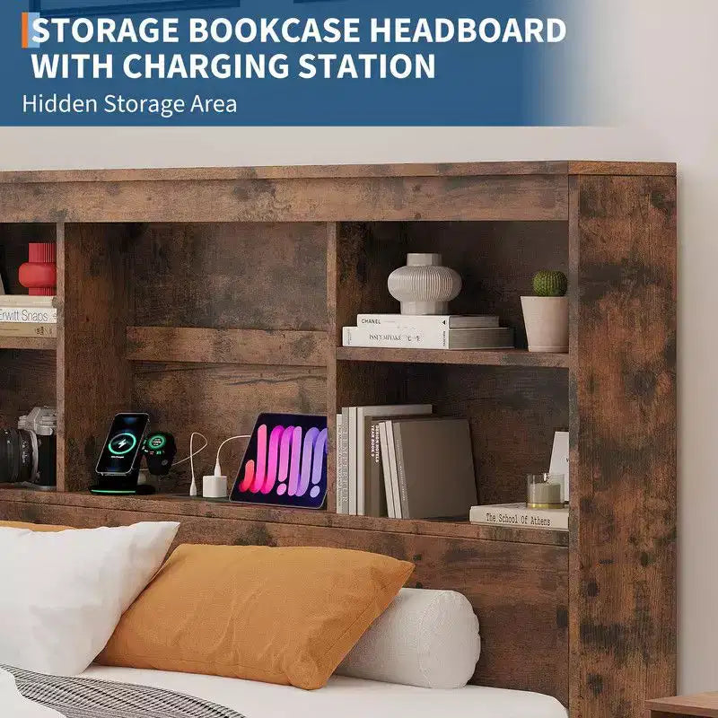 Lit Coolmee double/grand format avec tête de lit bibliothèque à rangement élevé, cadre de lit en bois avec 4 tiroirs de rangement, station de recharge intégrée