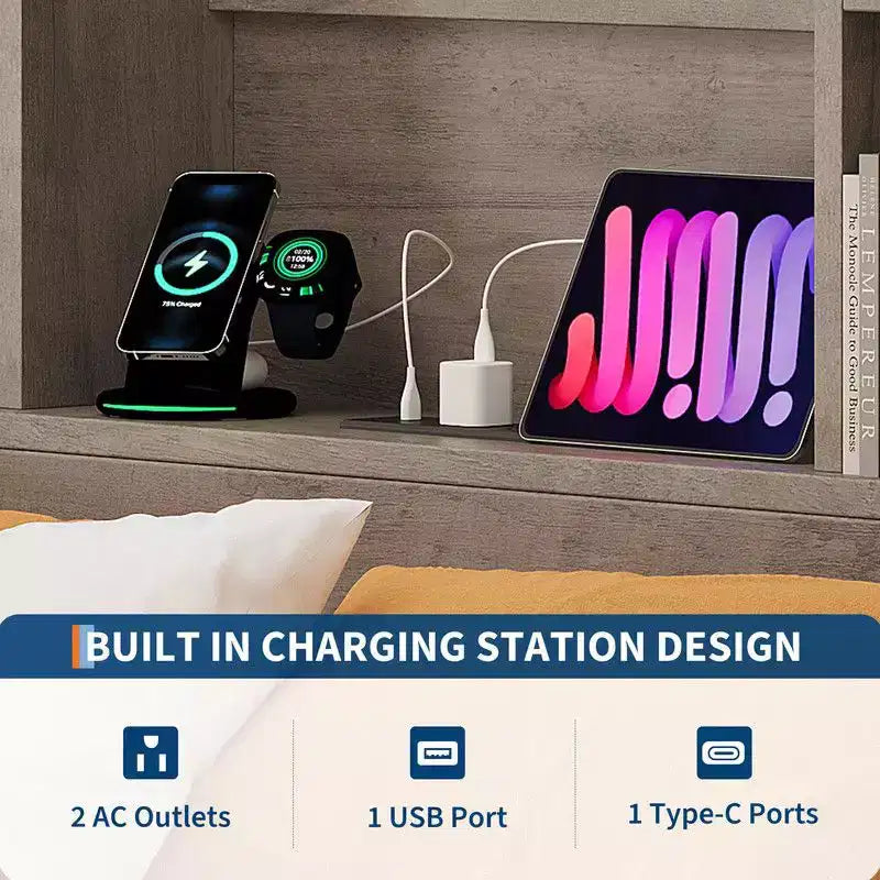 Lit Coolmee double/grand format avec tête de lit bibliothèque à rangement élevé, cadre de lit en bois avec 4 tiroirs de rangement, station de recharge intégrée