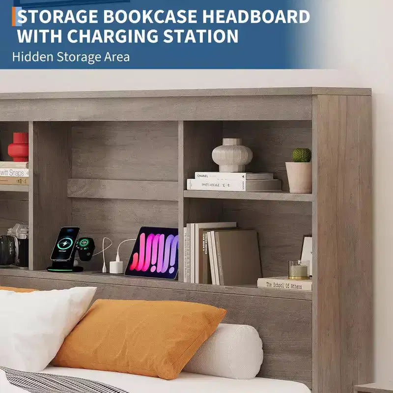 Lit Coolmee double/grand format avec tête de lit bibliothèque à rangement élevé, cadre de lit en bois avec 4 tiroirs de rangement, station de recharge intégrée