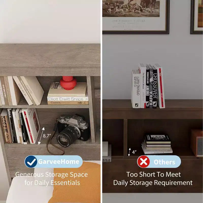 Lit Coolmee double/grand format avec tête de lit bibliothèque à rangement élevé, cadre de lit en bois avec 4 tiroirs de rangement, station de recharge intégrée