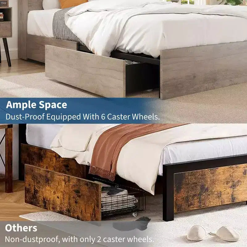 Lit Coolmee double/grand format avec tête de lit bibliothèque à rangement élevé, cadre de lit en bois avec 4 tiroirs de rangement, station de recharge intégrée