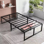 Coolmee Lit plate-forme en métal double/grand format avec lattes en acier robustes, sommier tapissier, pas besoin de sommier à ressorts, grand espace de rangement