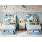 Cadre de lit jumeau Coolmee pour enfants, lit plateforme rembourré avec grand tiroir de rangement et tête de lit bibliothèque, lit pour garçons, silencieux, montage facile
