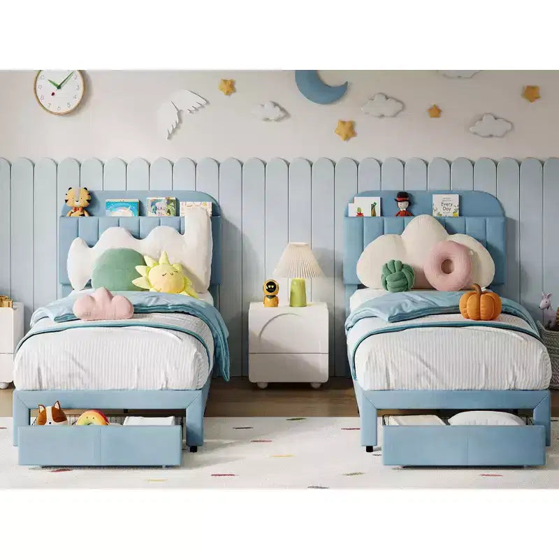Cadre de lit jumeau Coolmee pour enfants, lit plateforme rembourré avec grand tiroir de rangement et tête de lit bibliothèque, lit pour garçons, silencieux, montage facile