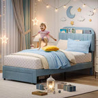 Cadre de lit jumeau Coolmee pour enfants, lit plateforme rembourré avec grand tiroir de rangement et tête de lit bibliothèque, lit pour garçons, silencieux, montage facile