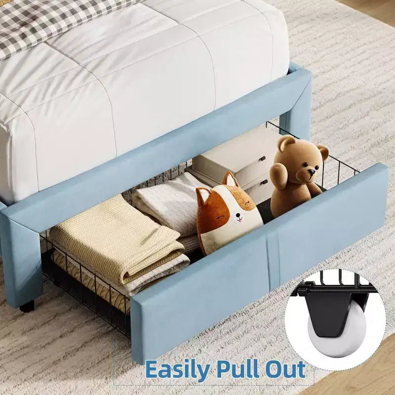 Cadre de lit jumeau Coolmee pour enfants, lit plateforme rembourré avec grand tiroir de rangement et tête de lit bibliothèque, lit pour garçons, silencieux, montage facile
