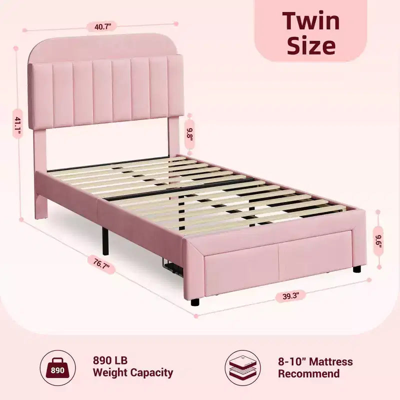 Cadre de lit jumeau Coolmee pour enfants, lit plateforme rembourré avec grand tiroir de rangement et tête de lit bibliothèque, lit pour garçons, silencieux, montage facile