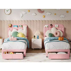 Cadre de lit jumeau Coolmee pour enfants, lit plateforme rembourré avec grand tiroir de rangement et tête de lit bibliothèque, lit pour garçons, silencieux, montage facile