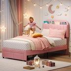Cadre de lit jumeau Coolmee pour enfants, lit plateforme rembourré avec grand tiroir de rangement et tête de lit bibliothèque, lit pour garçons, silencieux, montage facile