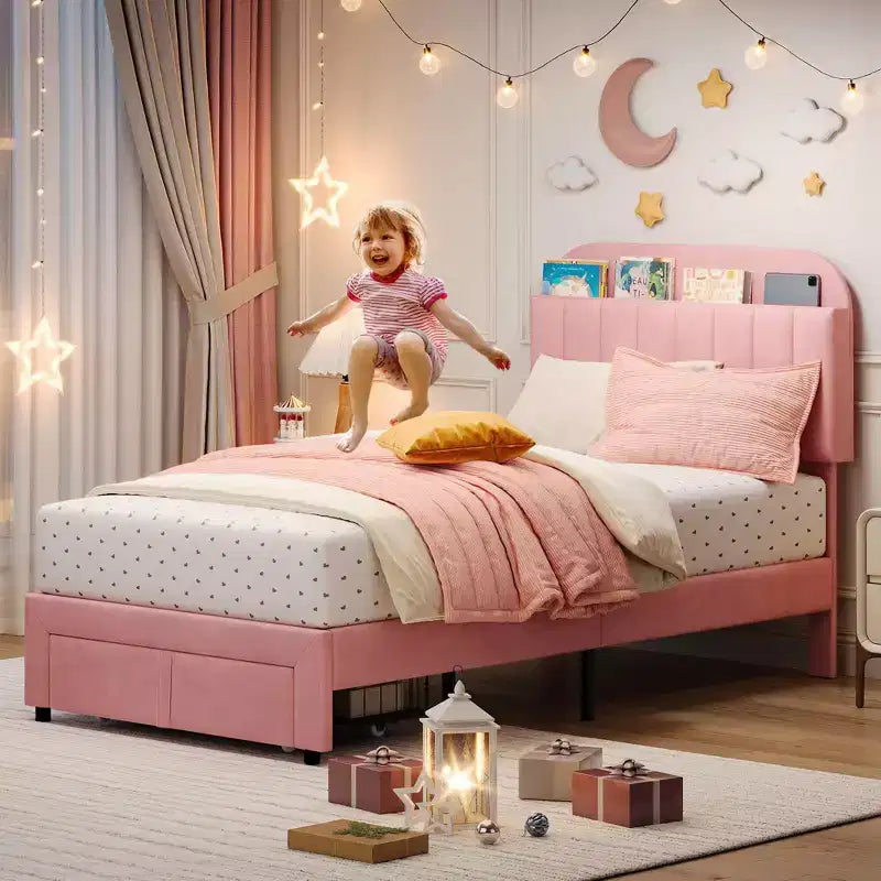 Cadre de lit jumeau Coolmee pour enfants, lit plateforme rembourré avec grand tiroir de rangement et tête de lit bibliothèque, lit pour garçons, silencieux, montage facile