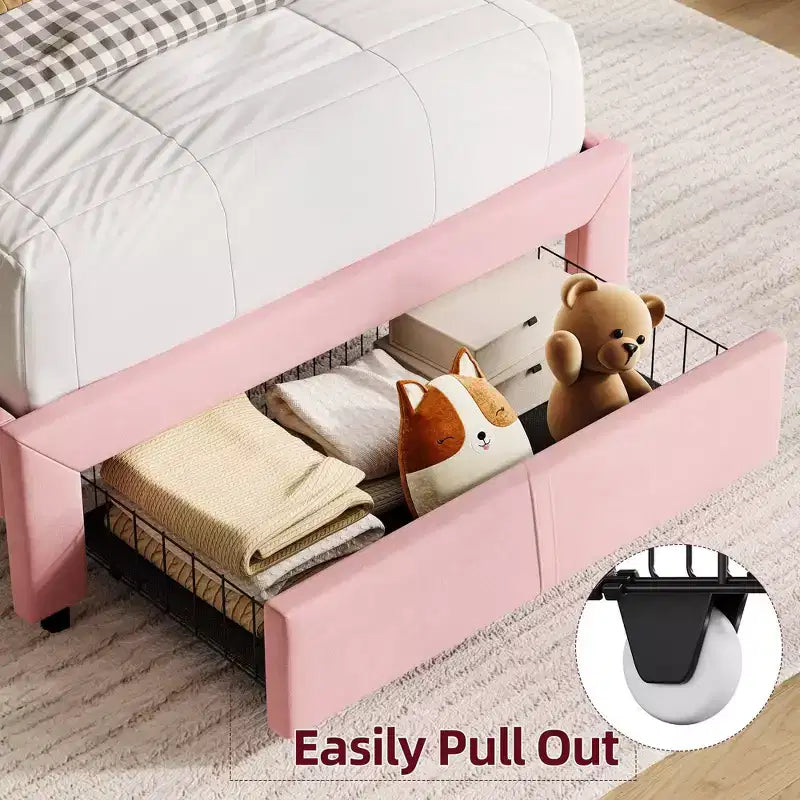 Cadre de lit jumeau Coolmee pour enfants, lit plateforme rembourré avec grand tiroir de rangement et tête de lit bibliothèque, lit pour garçons, silencieux, montage facile