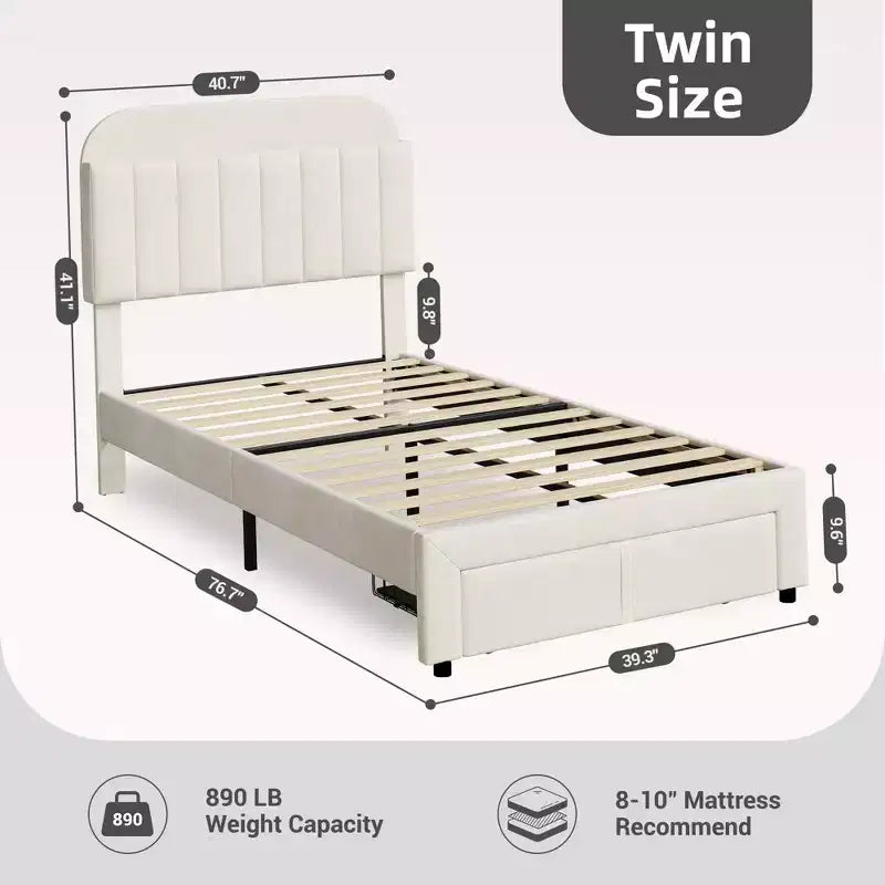 Cadre de lit jumeau Coolmee pour enfants, lit plateforme rembourré avec grand tiroir de rangement et tête de lit bibliothèque, lit pour garçons, silencieux, montage facile